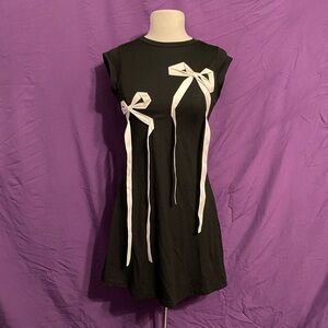 NWT Cider Black Mini Dress with Off-White Ribbon Bows. Size S.
